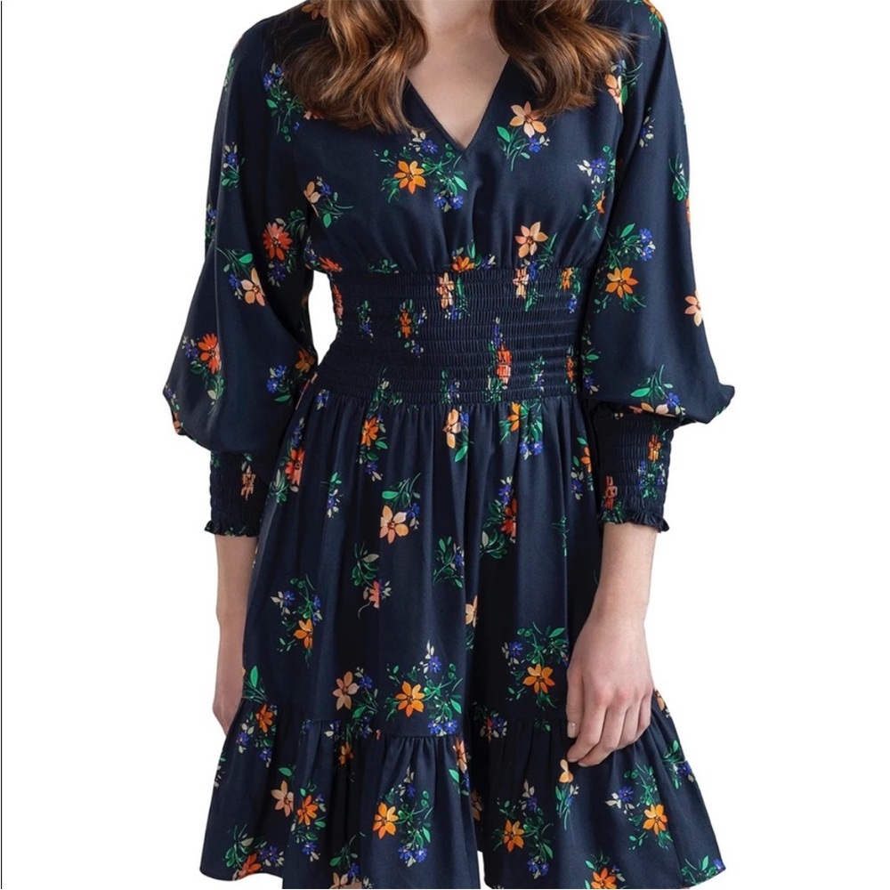 Shoshanna Tanner Ruched Waist Navy Floral Long Sleeve Dress NWT